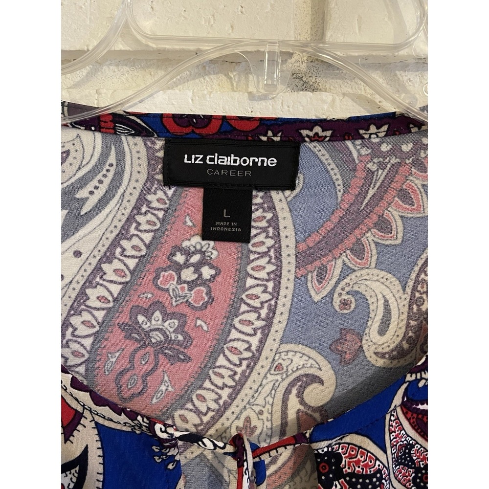 Liz Claiborne Career Women Paisley 3/4 Sleeve Blouse Multicolor Size Lg Tie Neck - Picture 3 of 5